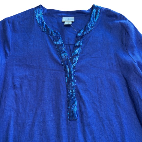 NWT Jaclyn Smith Collection Blue Linen Blend Sequin Tunic Top Sz L Coastal Chic - Picture 2 of 9
